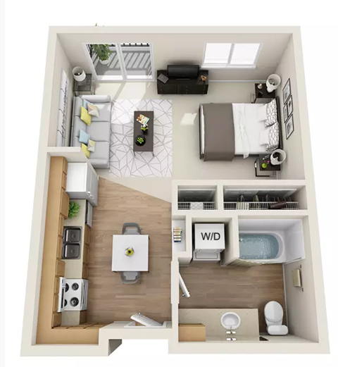 Floor plan for studio, 1 bath, 496 sqft